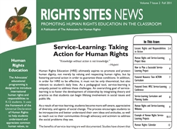 [ai] A newsletter titled 'Rights Sites News,' Fall 2011 edition, promoting human rights education. The cover features the article 'Service-Learning: Taking Action for Human Rights' with a quote and outlines educational content in the issue.